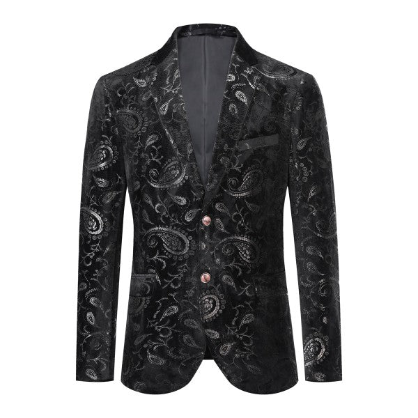Black paisley patterned blazer on a white background