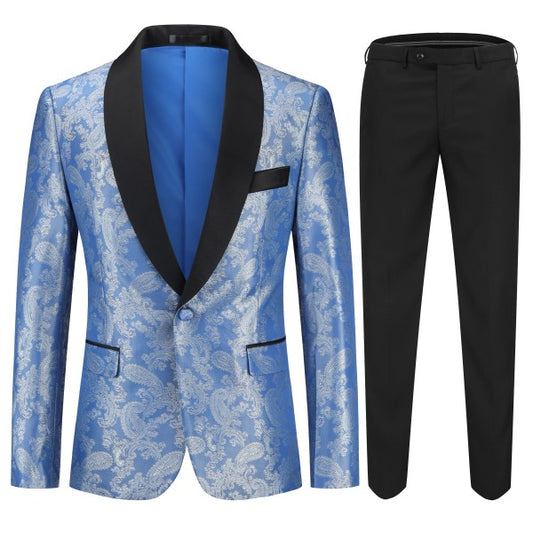 Blue paisley suit jacket with black lapels and matching pants on a white background