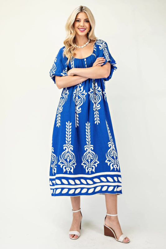 Blue midi dress with short puff sleeves