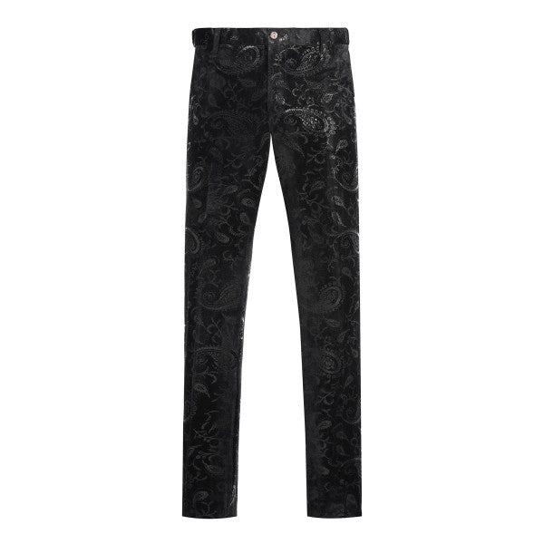 Black floral-patterned pants on a white background