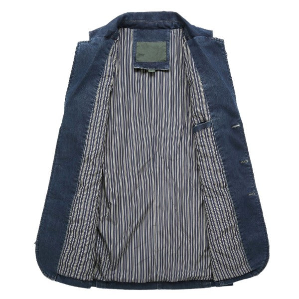 Denim jacket with striped lining on a white background