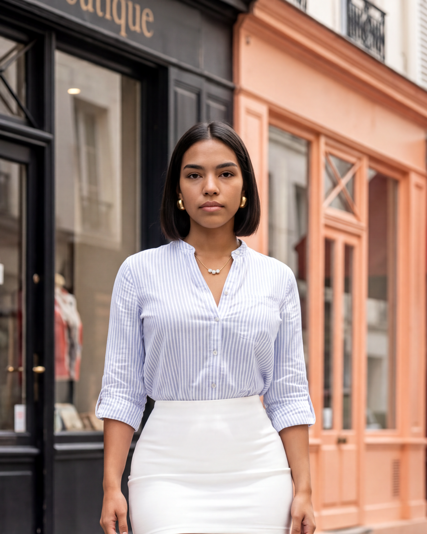 Front view of a female model wearing the Katina Stripe Collar Shirt in Blue featuring a collared v-neckline, blue and white vertical stripes, and three-quarter sleeves.