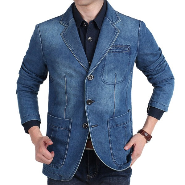 Blue denim blazer worn by a person on a white background