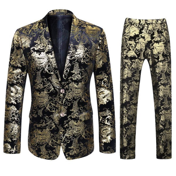 Gold and black patterned suit jacket and pants on a white background