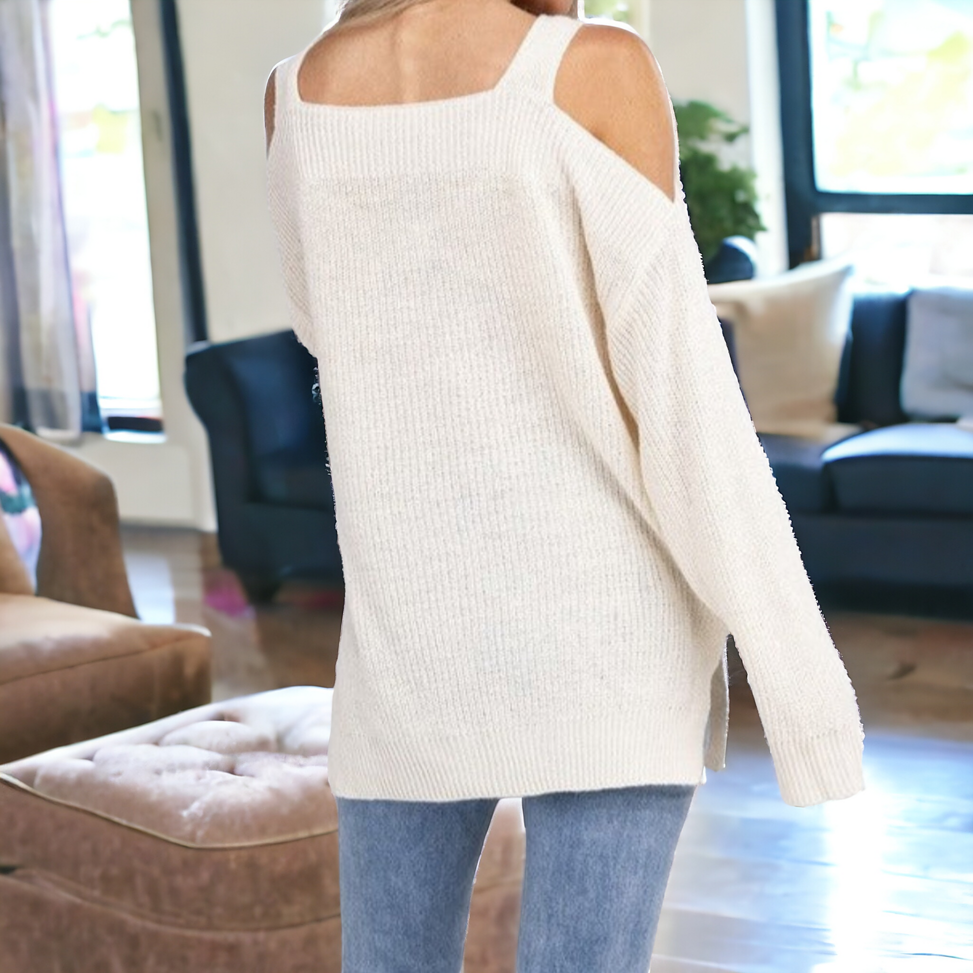 This Joni Off-Shoulder Sweater Top features a ribbed neckline with an off-the-shoulder style and long sleeves. Made with a combination of 65% polyester and 35% acrylic, the fabric offers both stretch and non-sheer properties, making it a versatile and comfortable addition to any wardrobe.