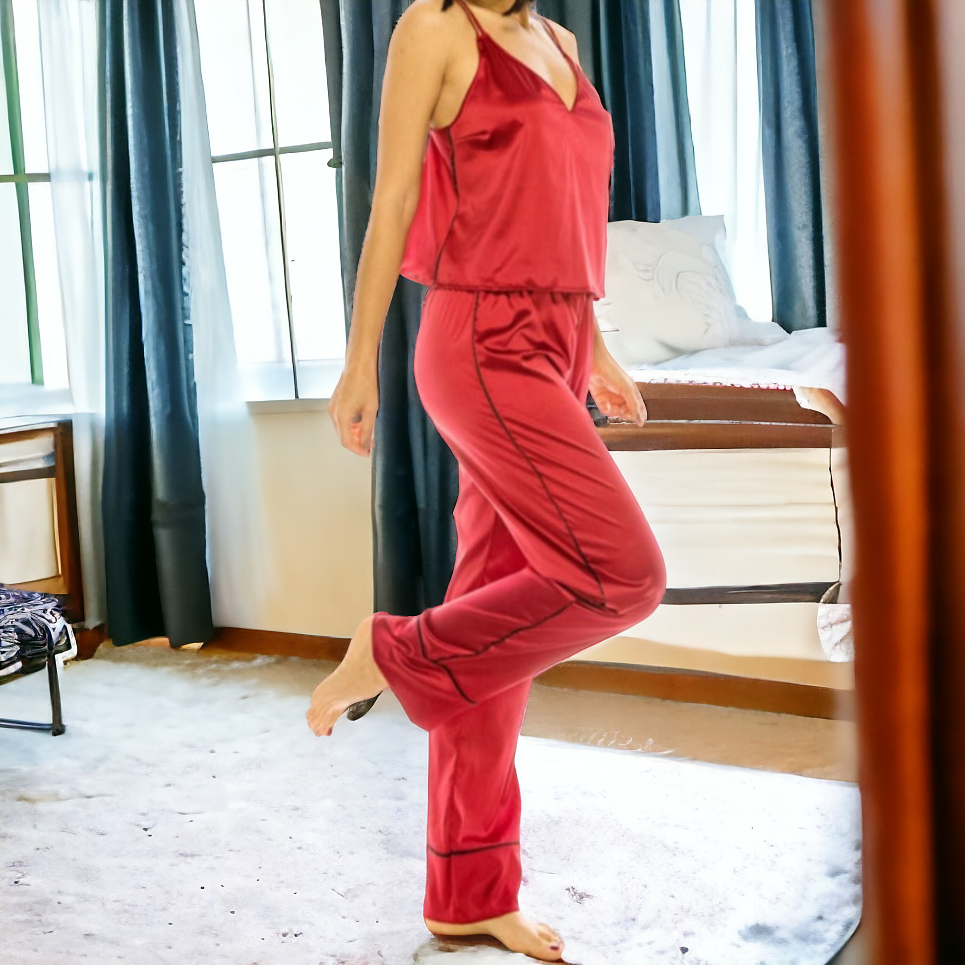 Experience the ultimate in comfort and sophistication with our CHILI PEPPER SATIN SLEEPWEAR SET. Made with a durable blend of 94% polyester and 6% spandex, this set is the perfect blend of luxury and stretch for a truly relaxed night's sleep.