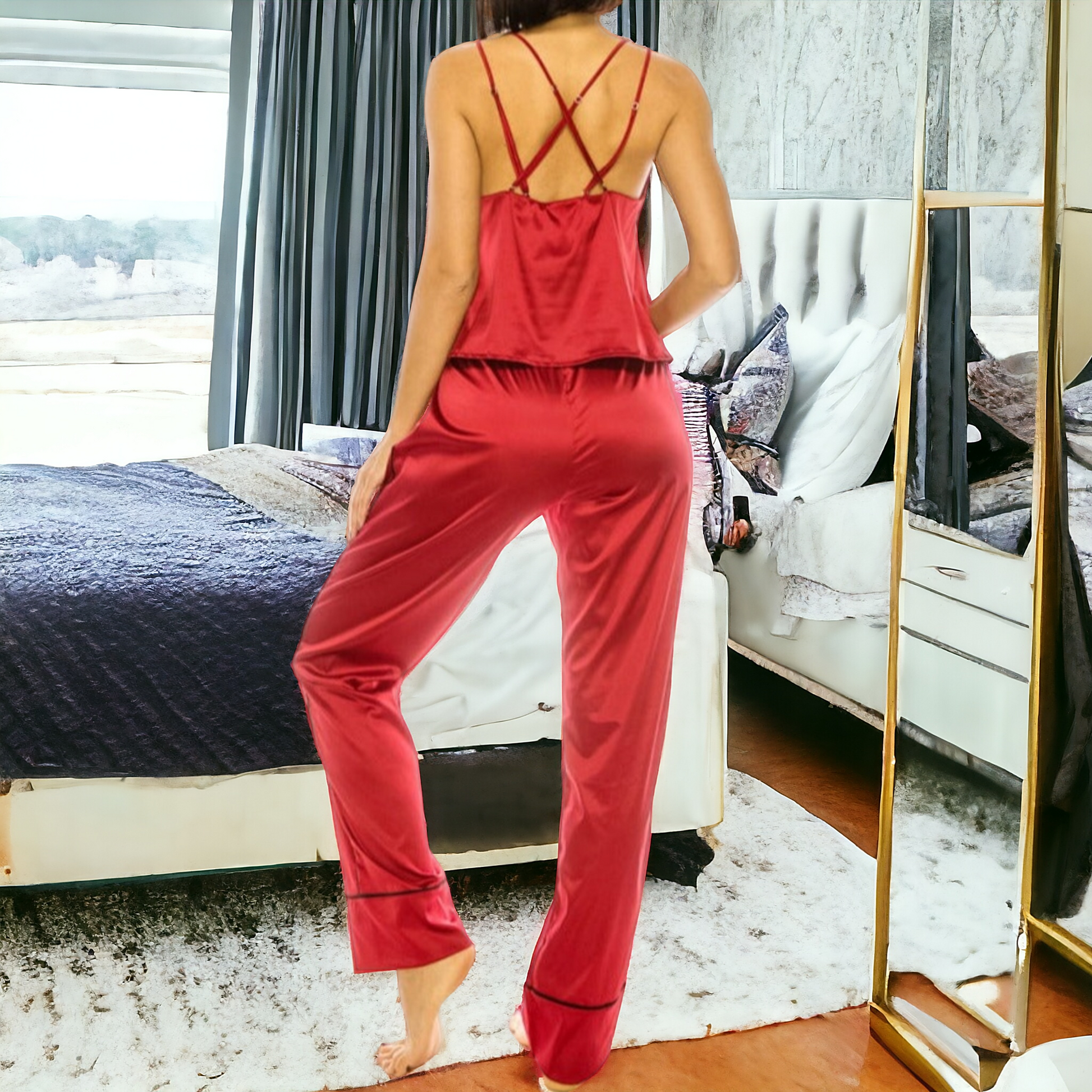 Experience the ultimate in comfort and sophistication with our CHILI PEPPER SATIN SLEEPWEAR SET. Made with a durable blend of 94% polyester and 6% spandex, this set is the perfect blend of luxury and stretch for a truly relaxed night's sleep.