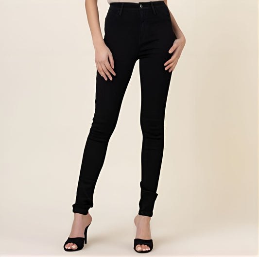 The YVONNE CLASSIC HIGH WAISTED SKINNY DENIM offers a stylish, solid print design with a fitted, skinny silhouette. It features functional pockets, a long length, and a button closure for a timeless and versatile look.