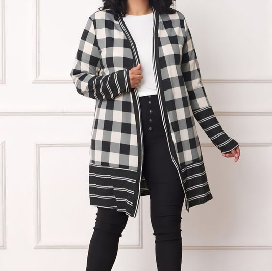 Long Buffalo Plaid Open Cardigan.