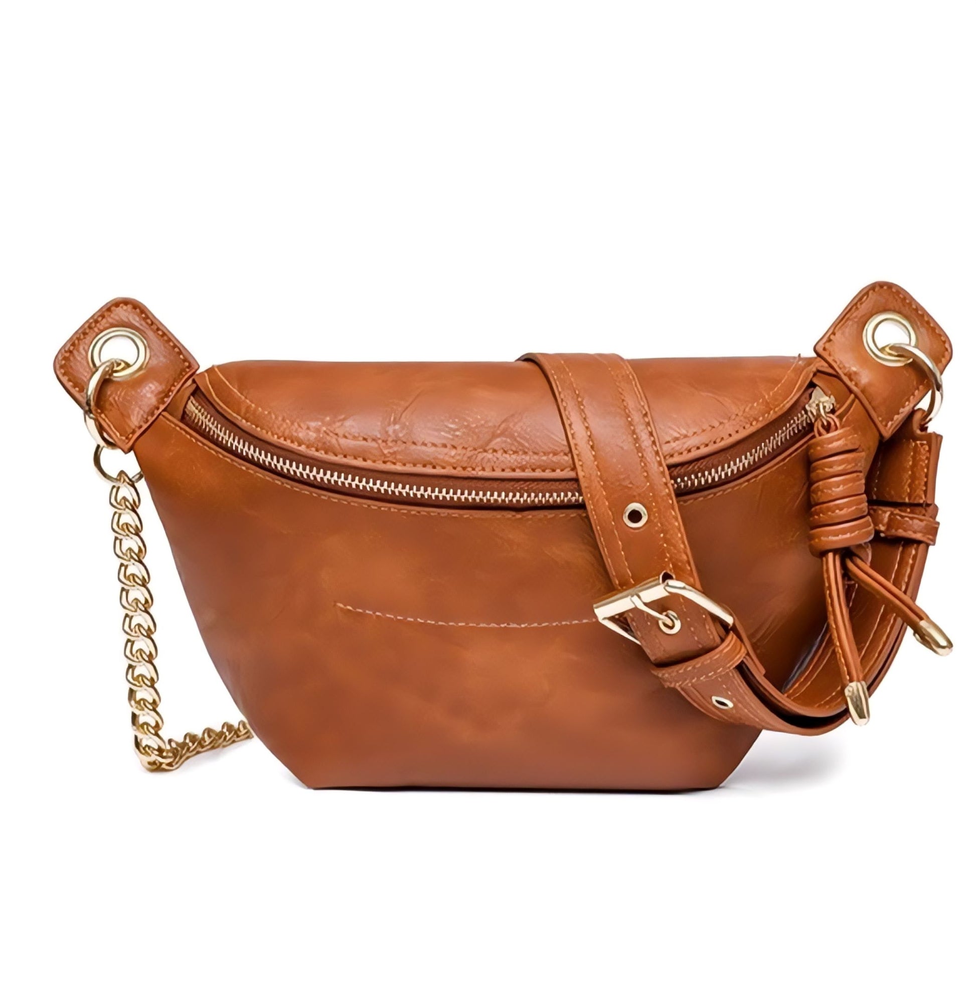 This LUXE CONVERTIBLE SLING BELT BUM BAG features high-end vegan leather, an adjustable strap made from vegan leather and chains, an O ring clasp, and multiple pockets for storage. The lining is soft and there is a full zipper closure for security. The overall measurements are 11"x 7.5", and the strap can be adjusted from 9.5" to 24.75" in length.