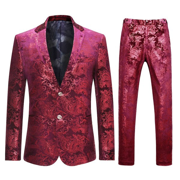 Red paisley suit jacket and pants on a white background