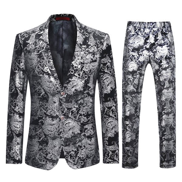 Floral patterned suit jacket and pants on a white background
