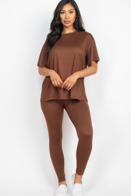 Downtown Brown short sleeve round neck tights set crafted from high-stretch jersey 