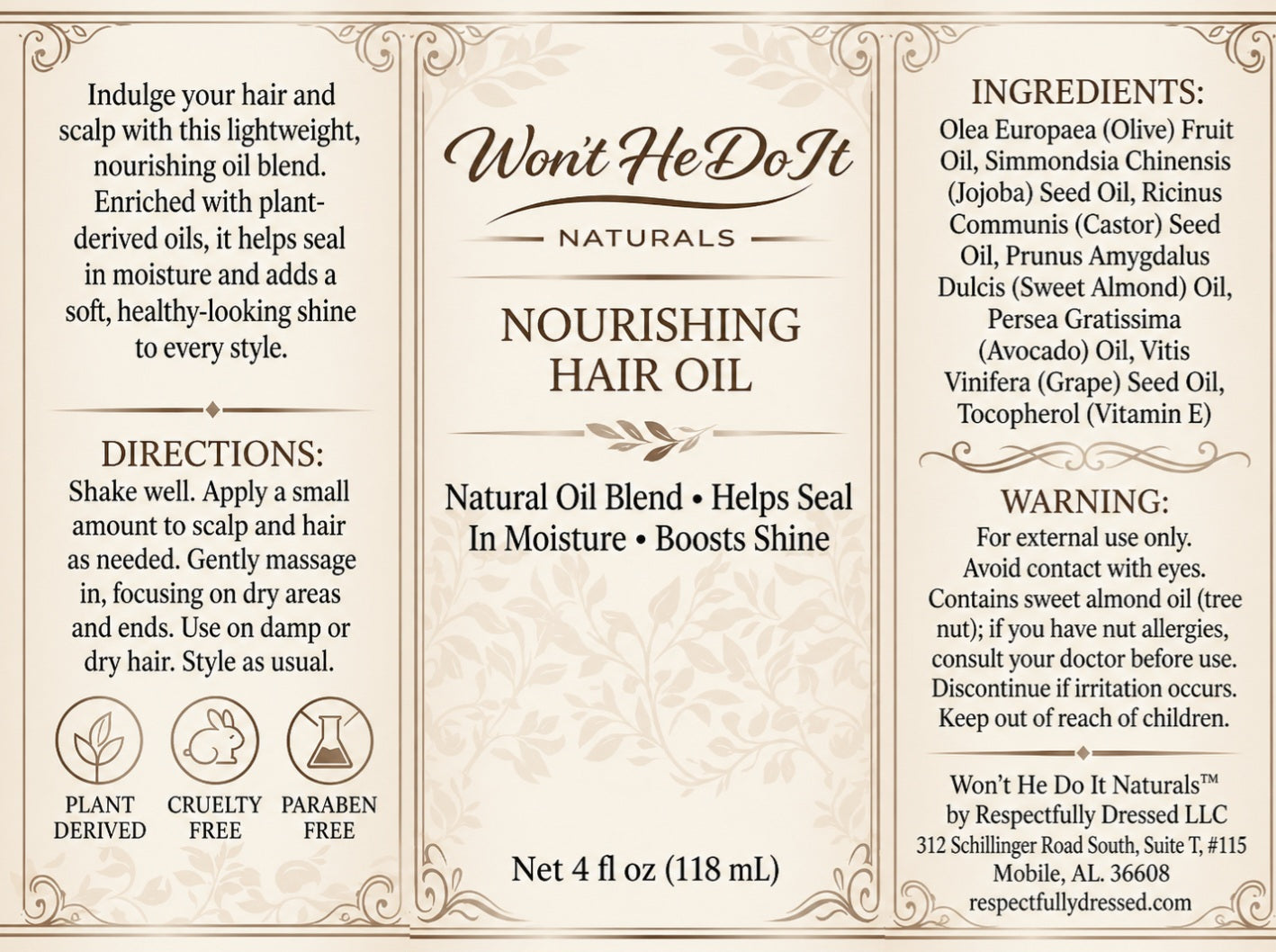 Full product label for Won't He Do It Naturals (hair oil) showing directions, ingredients, warning, and brand information