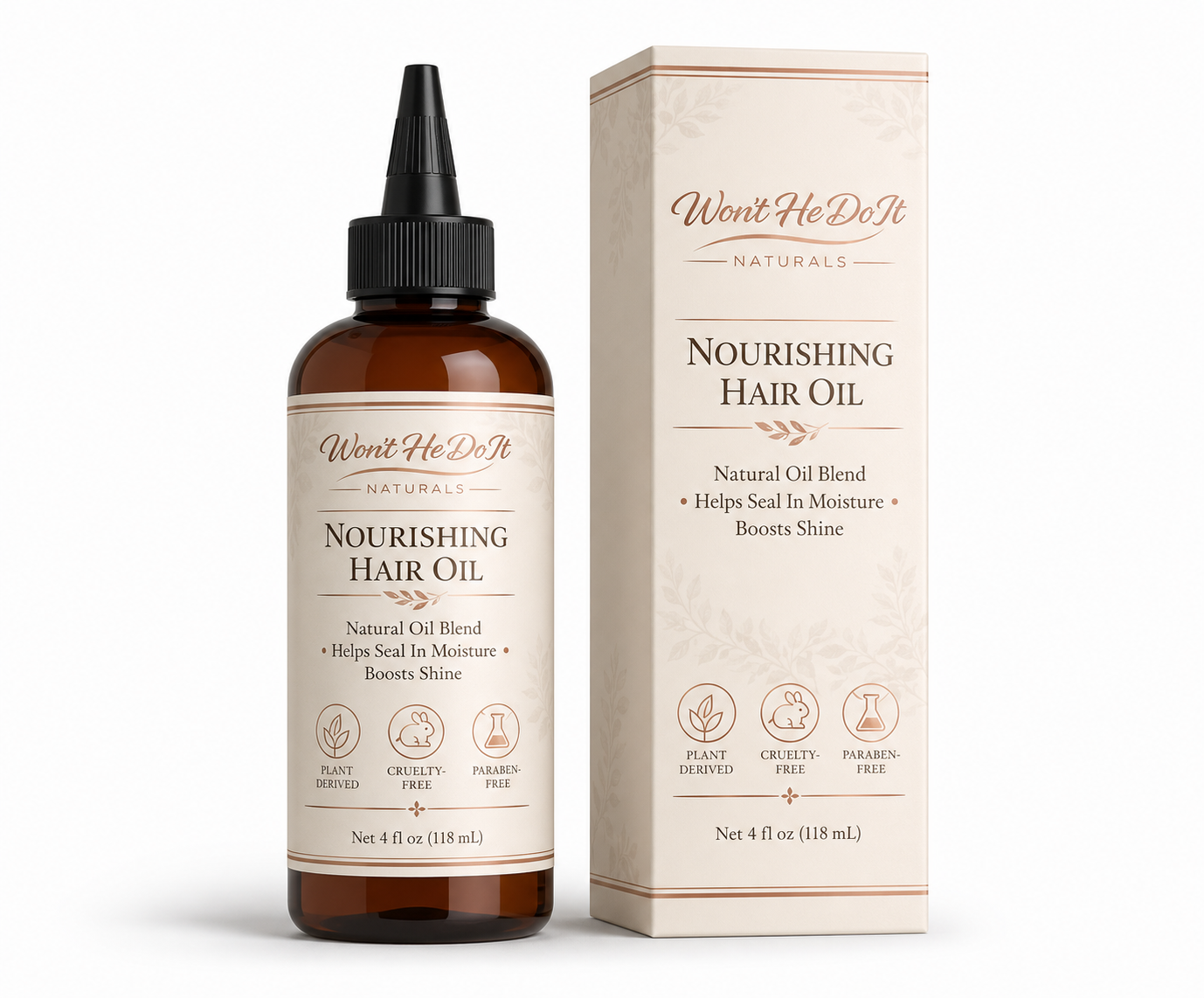 Won't He Do It Naturals Nourishing Hair Oil bottle and box packaging on a light background