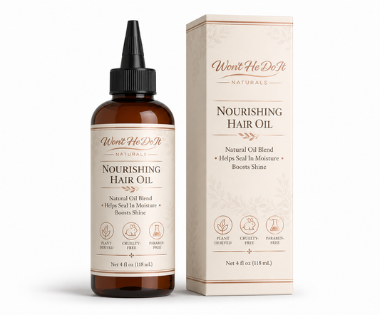 Won't He Do It Naturals Nourishing Hair Oil bottle and box packaging on a light background
