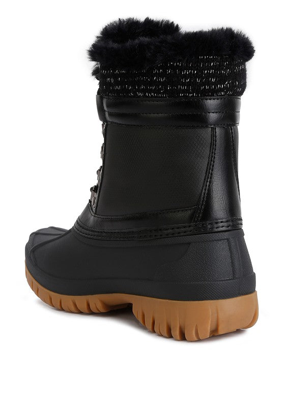 Constructed with TPR outer sole and faux leather outer material, these ankle length boots feature a closed rounded toe, lace up closure, and fur lining collar and tongue. The knitted and eyelet details add a stylish touch, while the lightly cushioned insoles provide comfort with every step. 