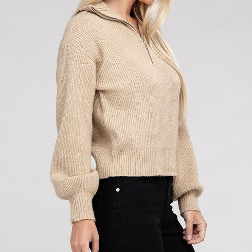 The Easy-Wear Half-Zip Pullover combines comfort and style with its relaxed design, collar neckline, and half zipper. Its long sleeves and drop shoulders offer a comfortable fit, while the banded cuff adds a snug finish. Perfect for a chic and cozy look.