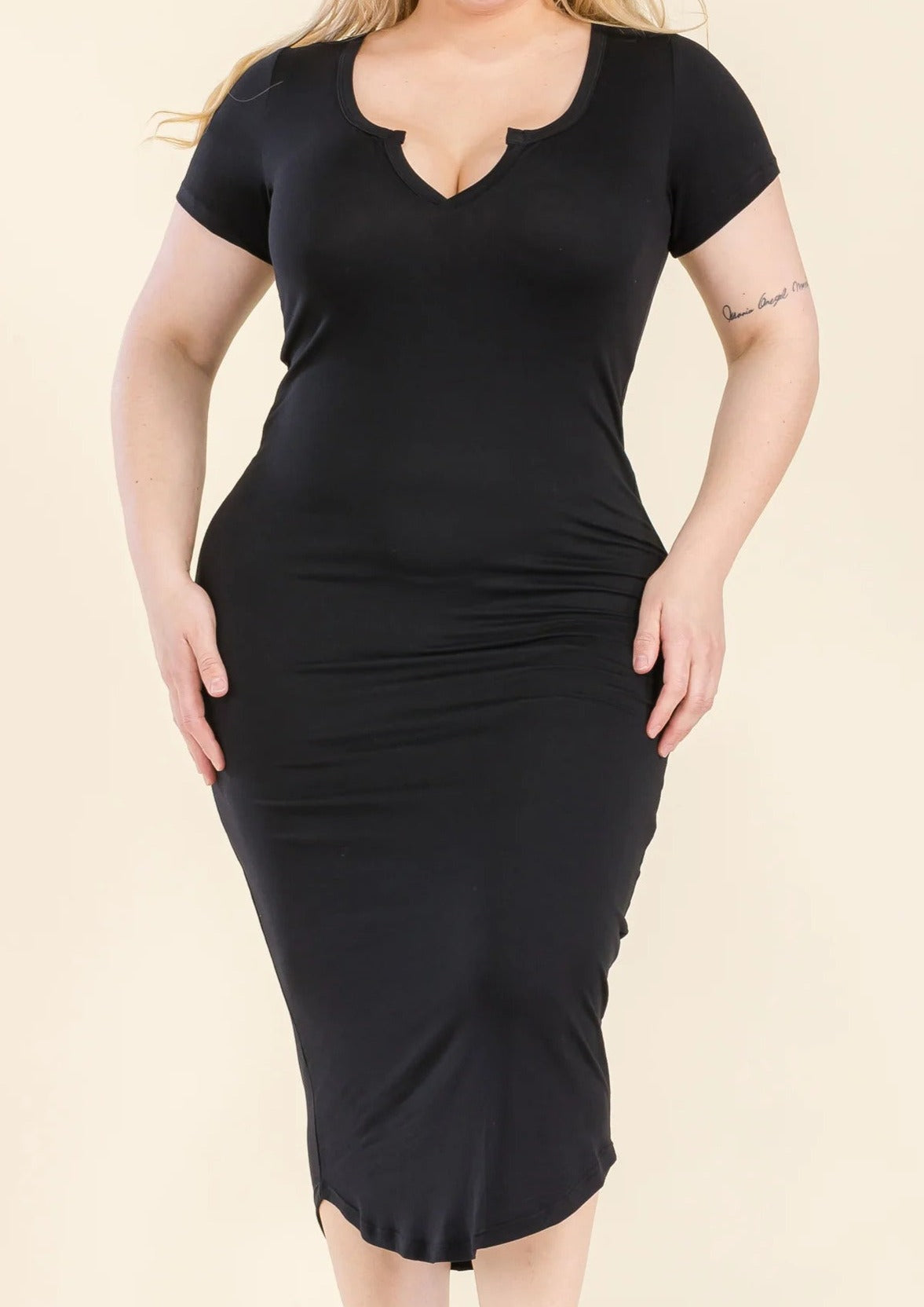 Plus Bodycon midi dress Split neck style Soft & lightweight Stretch 92% polyester 8% spandex Color may vary due to lighting on image